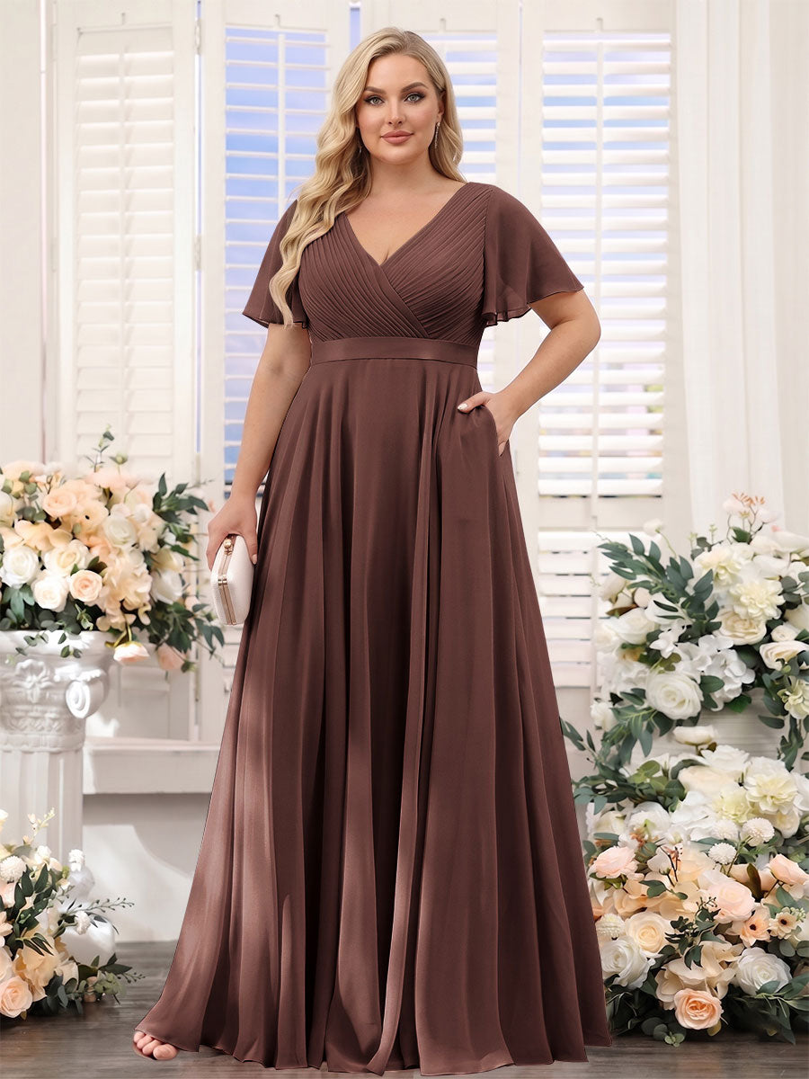 A-Line V-Neck Short Sleeves Chiffon Plus Size Bridesmaid Dresses with Pockets Brown