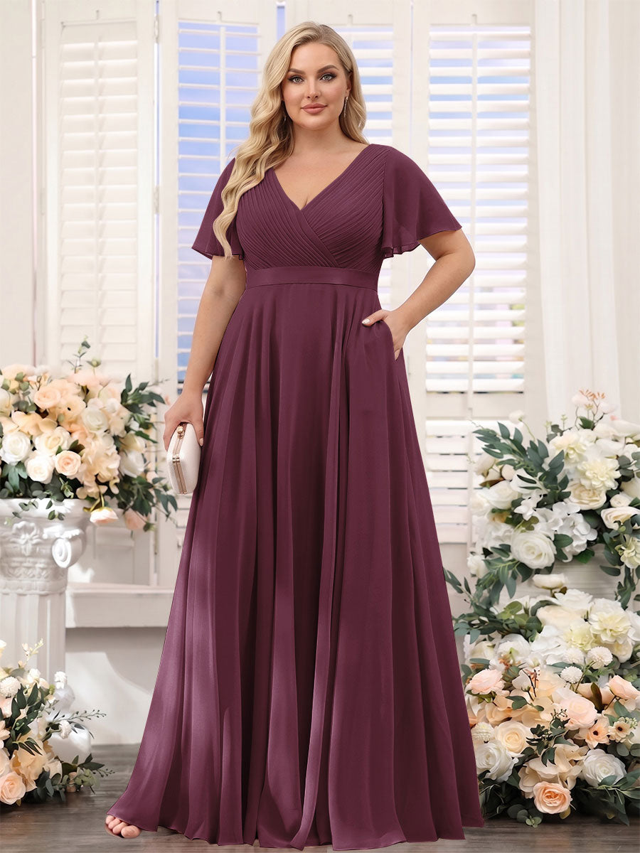 A-Line V-Neck Short Sleeves Chiffon Plus Size Bridesmaid Dresses with Pockets Burgundy