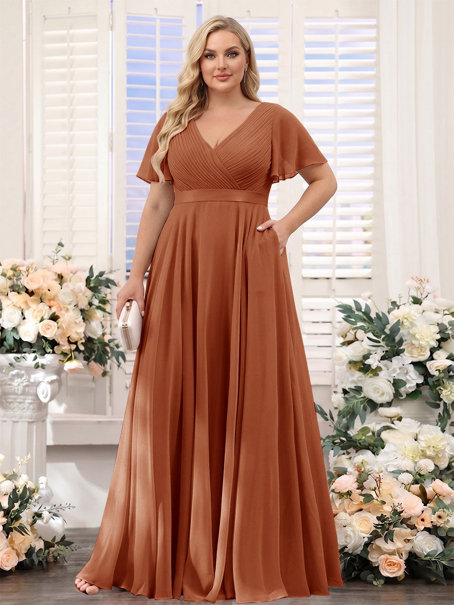 A-Line V-Neck Short Sleeves Chiffon Plus Size Bridesmaid Dresses with Pockets Burnt Orange