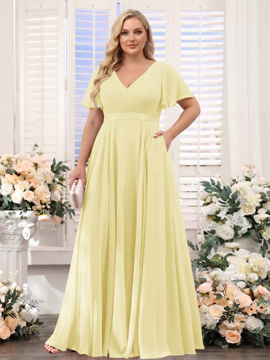 A-Line V-Neck Short Sleeves Chiffon Plus Size Bridesmaid Dresses with Pockets Canary
