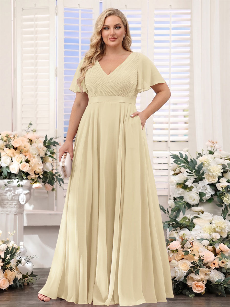 A-Line V-Neck Short Sleeves Chiffon Plus Size Bridesmaid Dresses with Pockets Champagne