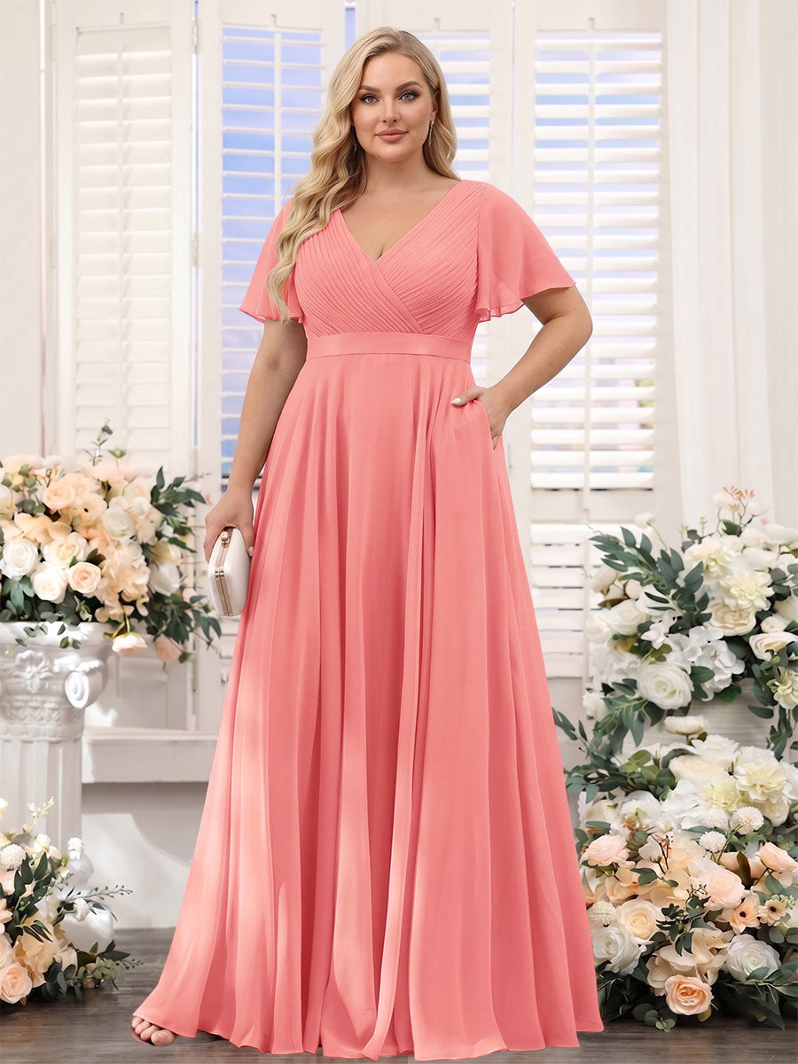 A-Line V-Neck Short Sleeves Chiffon Plus Size Bridesmaid Dresses with Pockets Coral