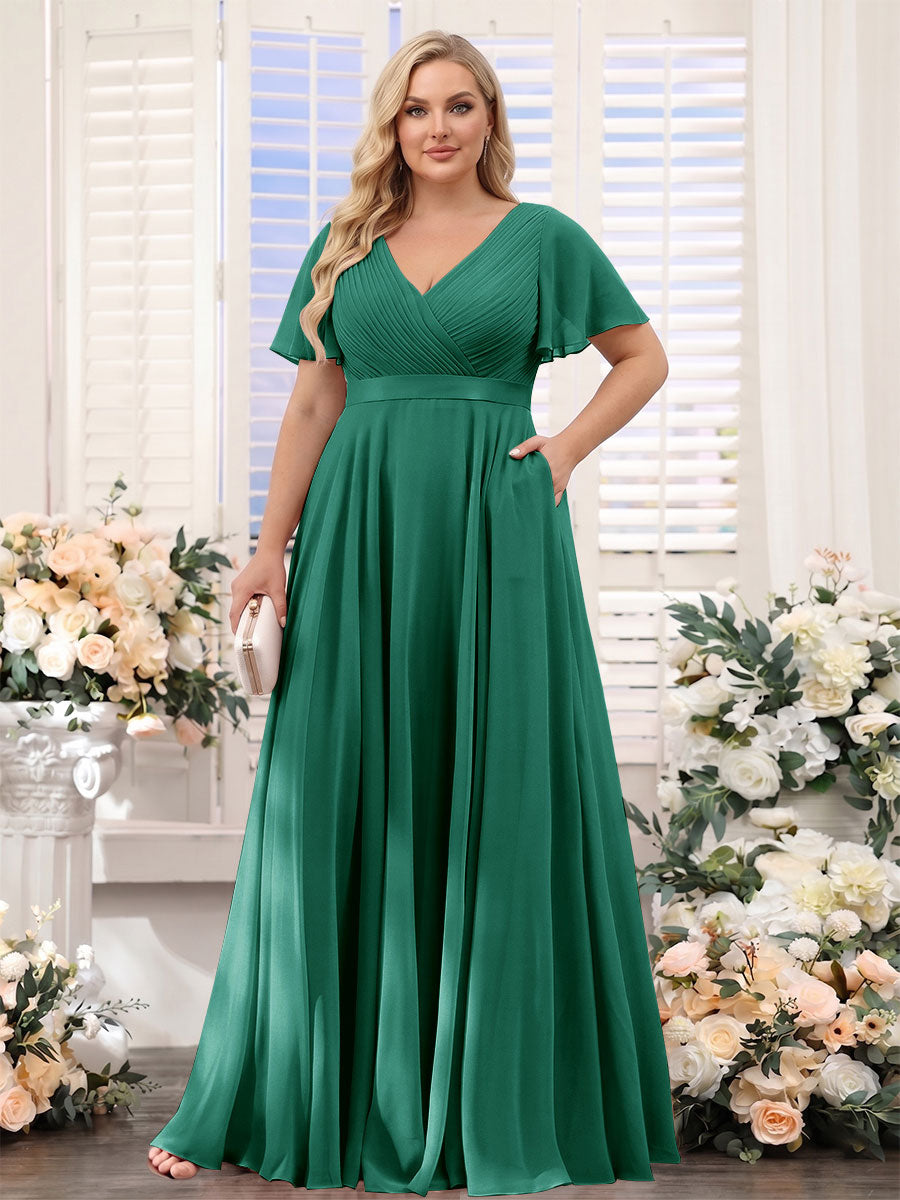 A-Line V-Neck Short Sleeves Chiffon Plus Size Bridesmaid Dresses with Pockets Dark Green