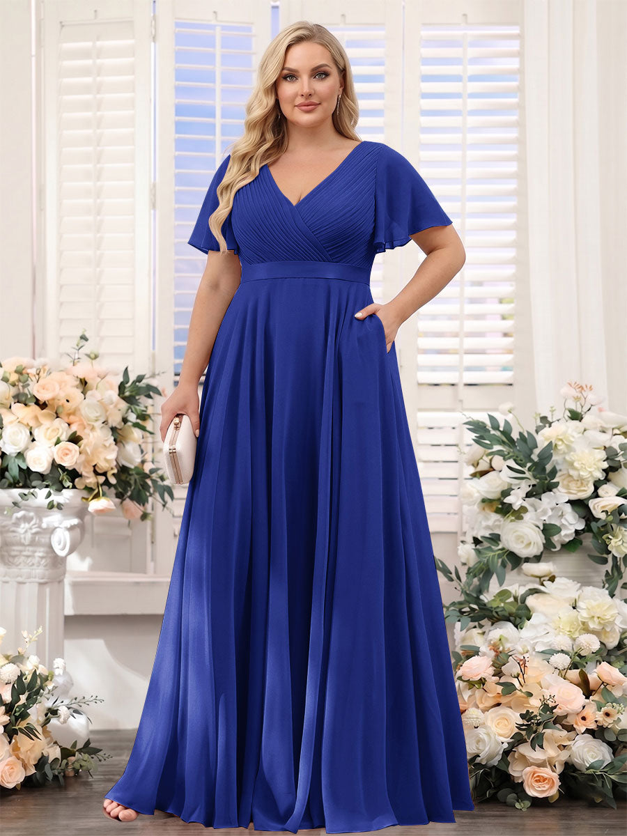 A-Line V-Neck Short Sleeves Chiffon Plus Size Bridesmaid Dresses with Pockets Dark Royal Blue