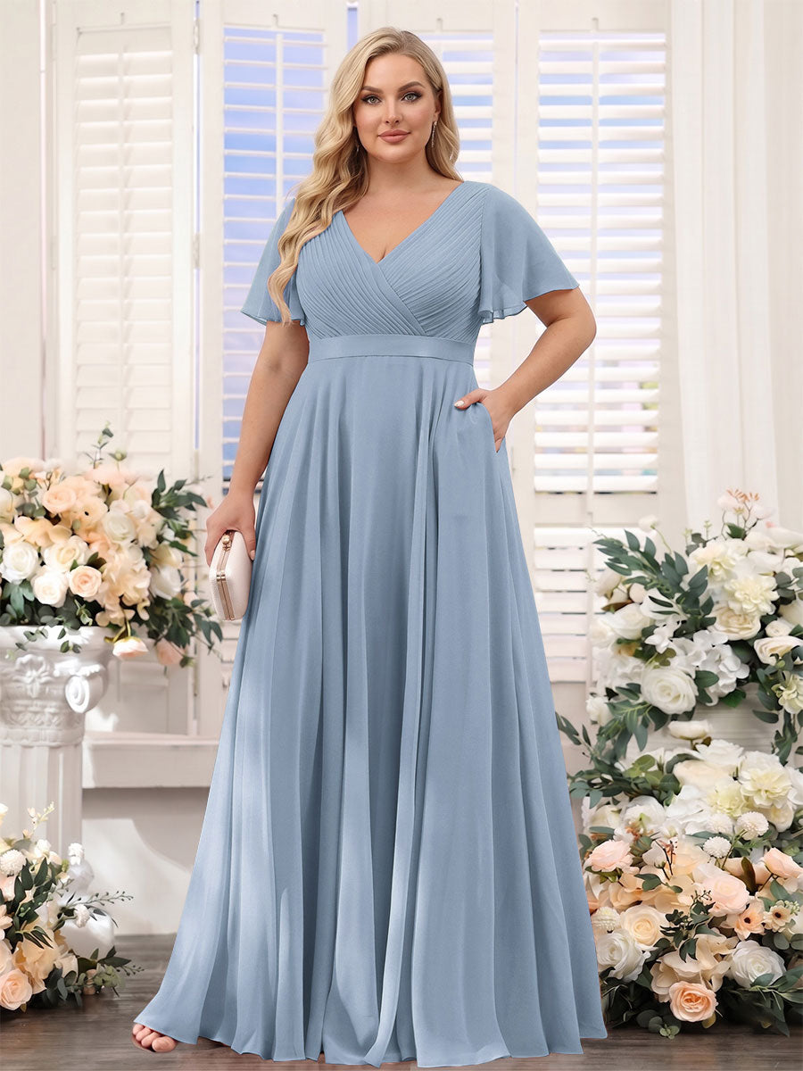 A-Line V-Neck Short Sleeves Chiffon Plus Size Bridesmaid Dresses with Pockets Dusty Blue