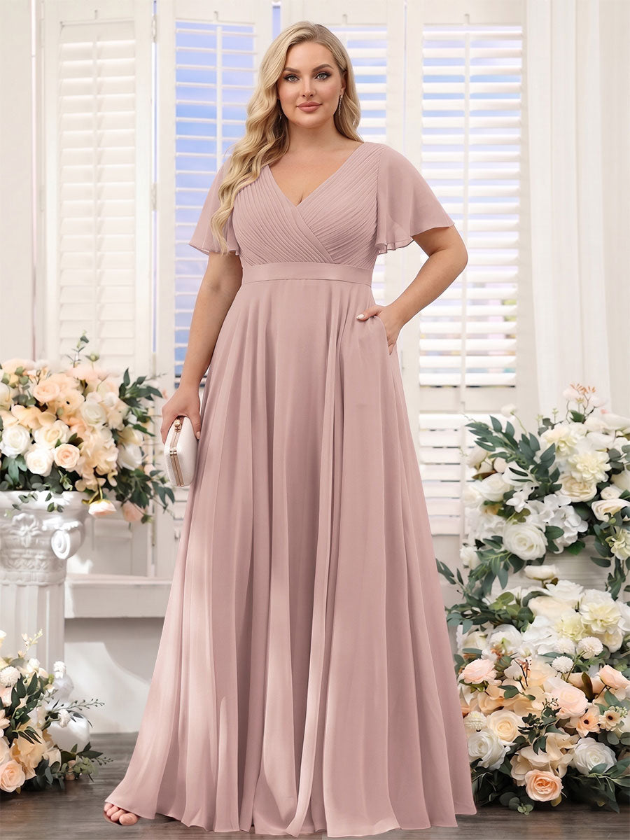A-Line V-Neck Short Sleeves Chiffon Plus Size Bridesmaid Dresses with Pockets Dusty Pink