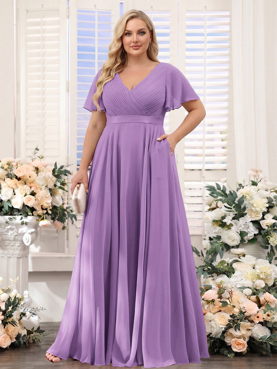 A-Line V-Neck Short Sleeves Chiffon Plus Size Bridesmaid Dresses with Pockets Dusty Purple