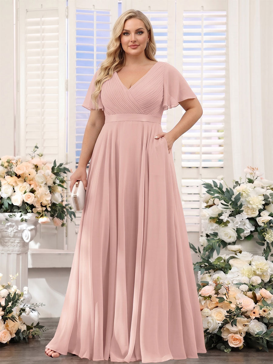 A-Line V-Neck Short Sleeves Chiffon Plus Size Bridesmaid Dresses with Pockets Dusty Rose