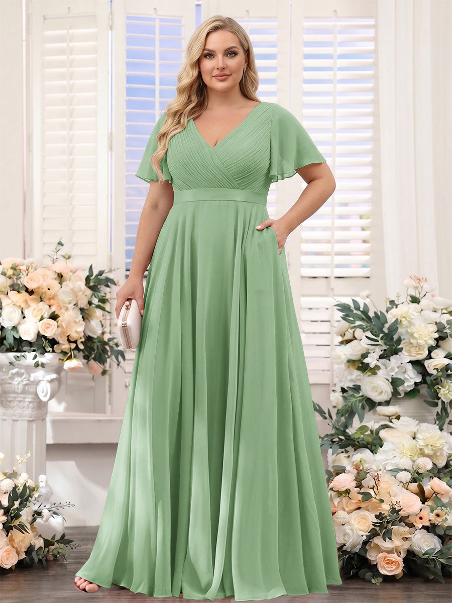 A-Line V-Neck Short Sleeves Chiffon Plus Size Bridesmaid Dresses with Pockets Dusty Sage