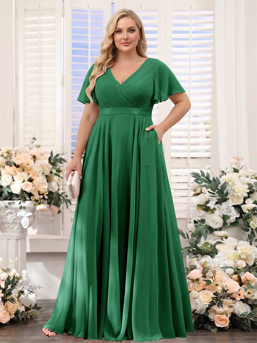 A-Line V-Neck Short Sleeves Chiffon Plus Size Bridesmaid Dresses with Pockets Emerald