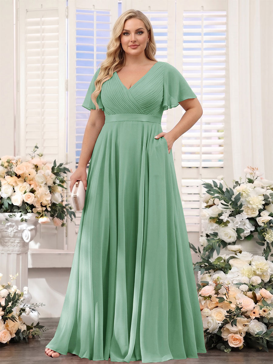 A-Line V-Neck Short Sleeves Chiffon Plus Size Bridesmaid Dresses with Pockets Eucalyptus