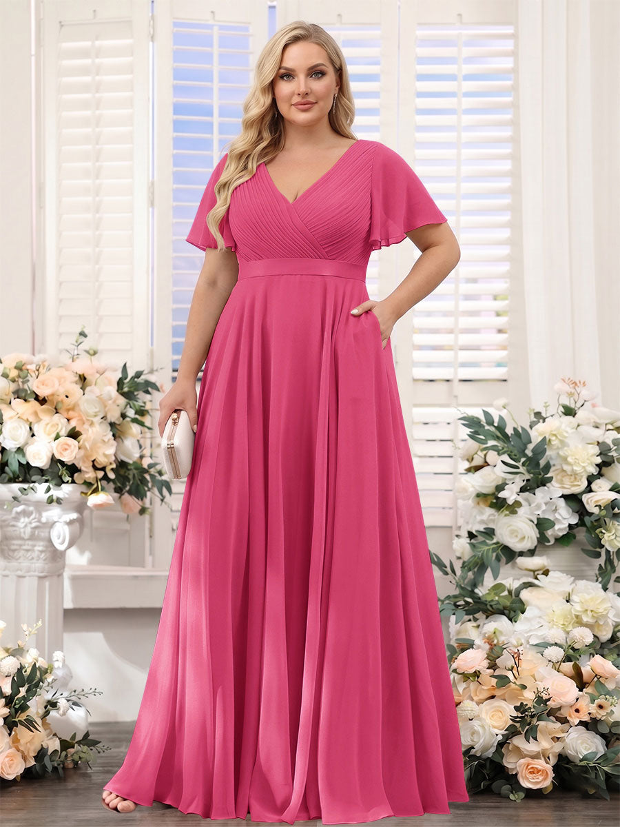 A-Line V-Neck Short Sleeves Chiffon Plus Size Bridesmaid Dresses with Pockets Fuchsia