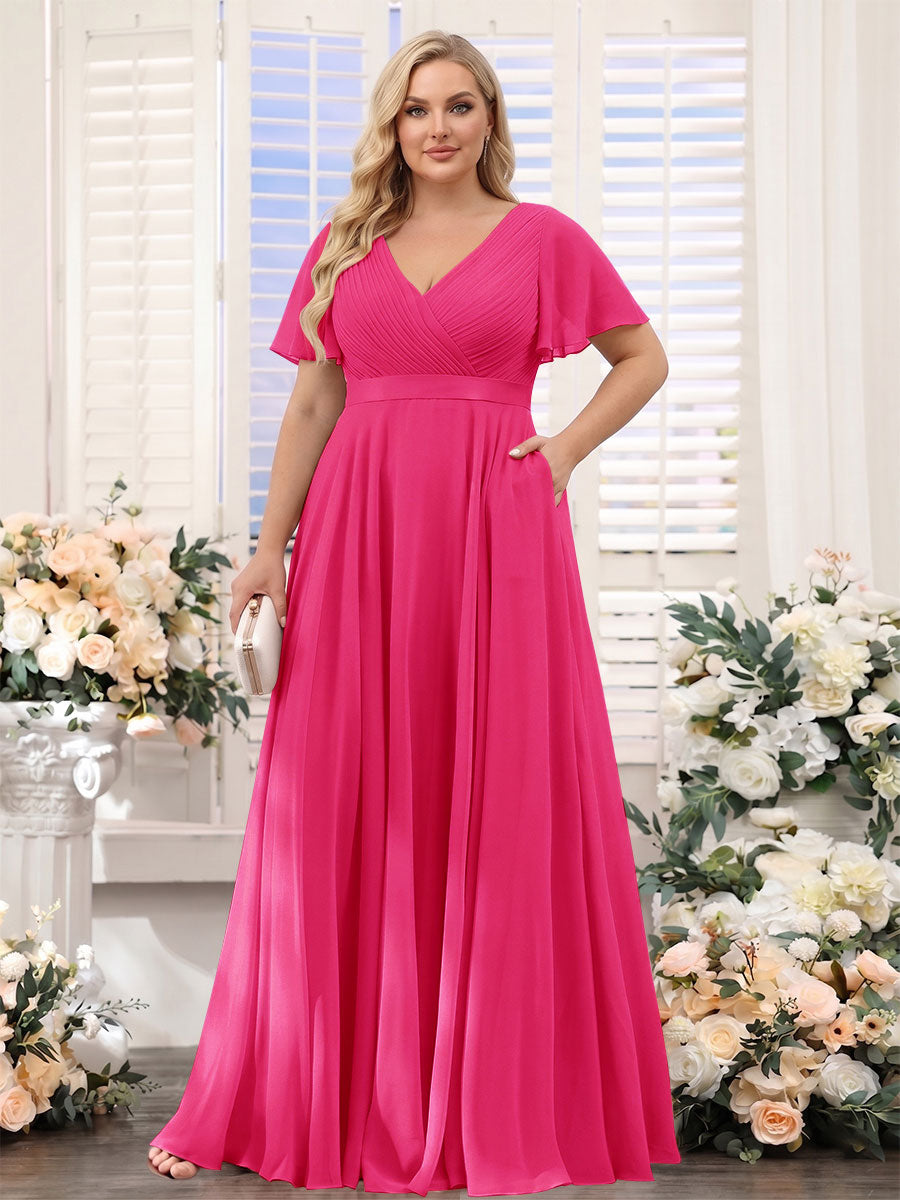 A-Line V-Neck Short Sleeves Chiffon Plus Size Bridesmaid Dresses with Pockets Fuchsia Pink
