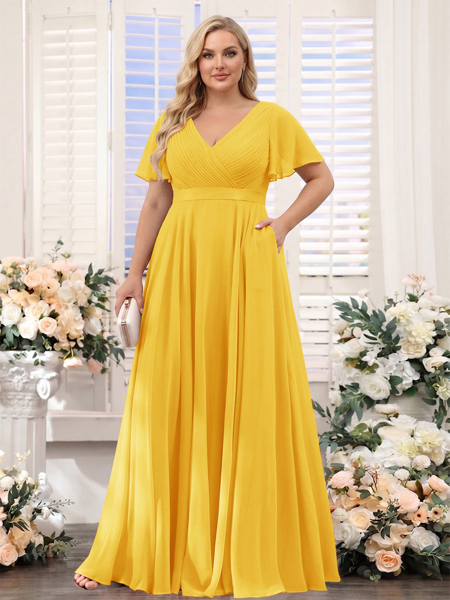 A-Line V-Neck Short Sleeves Chiffon Plus Size Bridesmaid Dresses with Pockets Gold