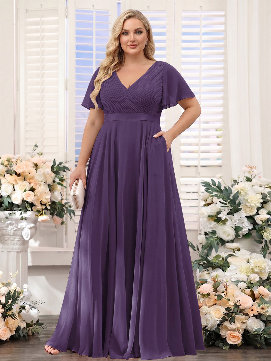 A-Line V-Neck Short Sleeves Chiffon Plus Size Bridesmaid Dresses with Pockets Grape
