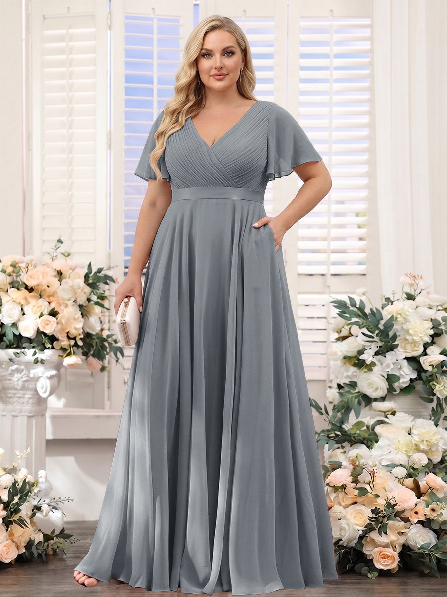 A-Line V-Neck Short Sleeves Chiffon Plus Size Bridesmaid Dresses with Pockets Gray