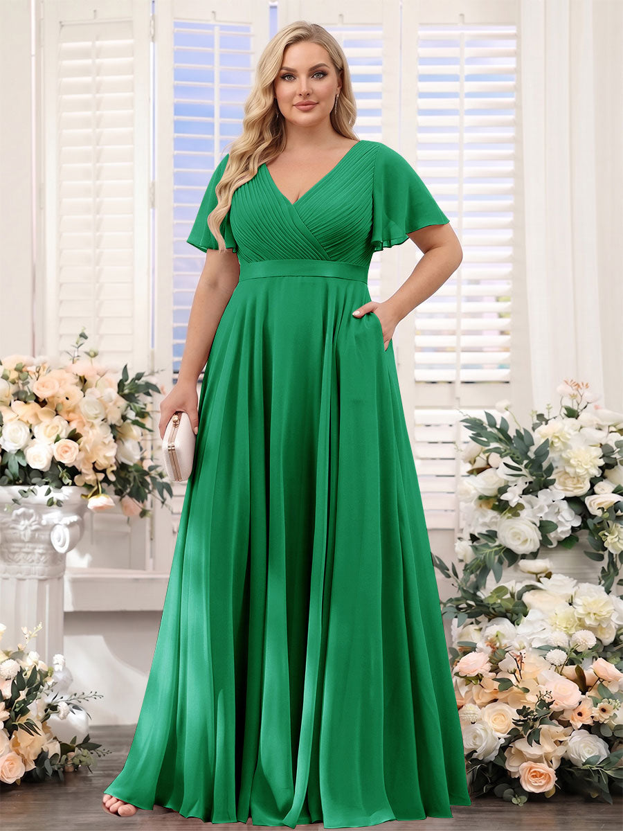 A-Line V-Neck Short Sleeves Chiffon Plus Size Bridesmaid Dresses with Pockets Green