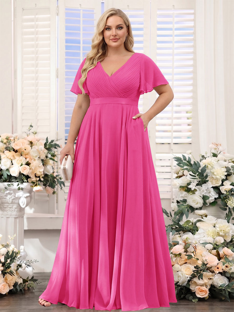A-Line V-Neck Short Sleeves Chiffon Plus Size Bridesmaid Dresses with Pockets Hot Pink