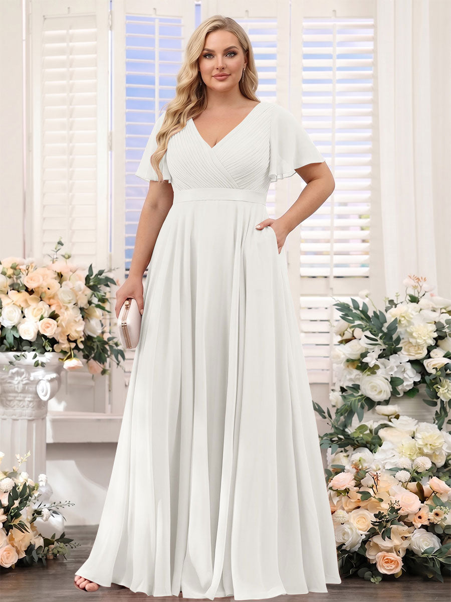 A-Line V-Neck Short Sleeves Chiffon Plus Size Bridesmaid Dresses with Pockets Ivory