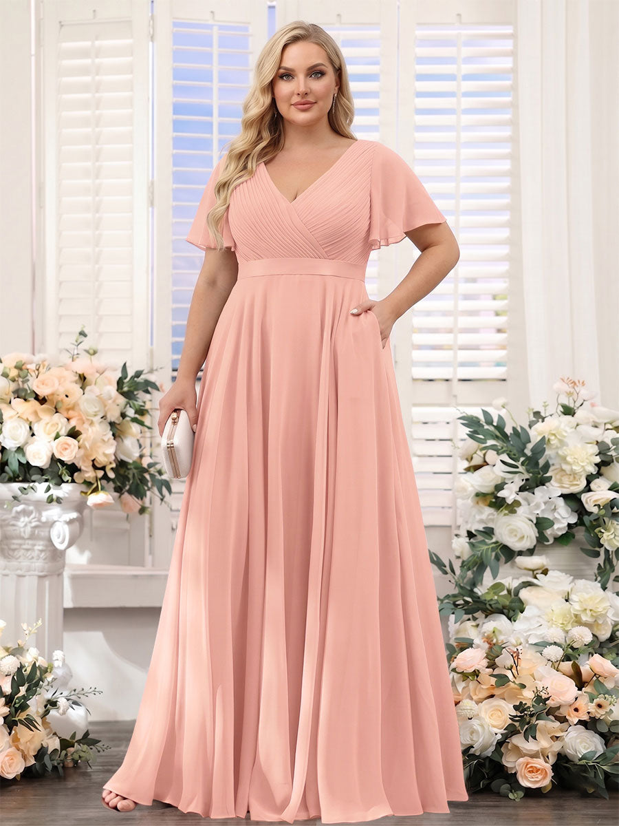 A-Line V-Neck Short Sleeves Chiffon Plus Size Bridesmaid Dresses with Pockets Lavender