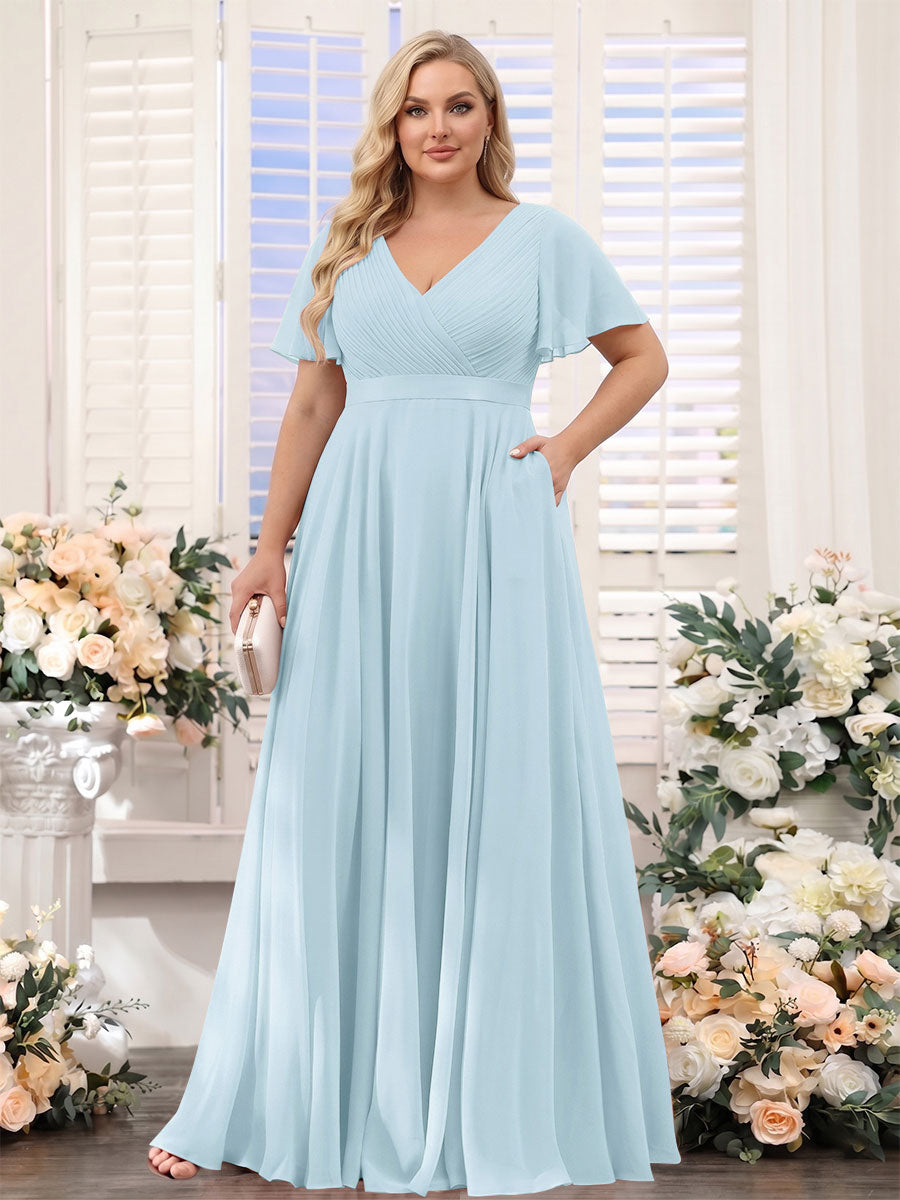 A-Line V-Neck Short Sleeves Chiffon Plus Size Bridesmaid Dresses with Pockets Light Blue