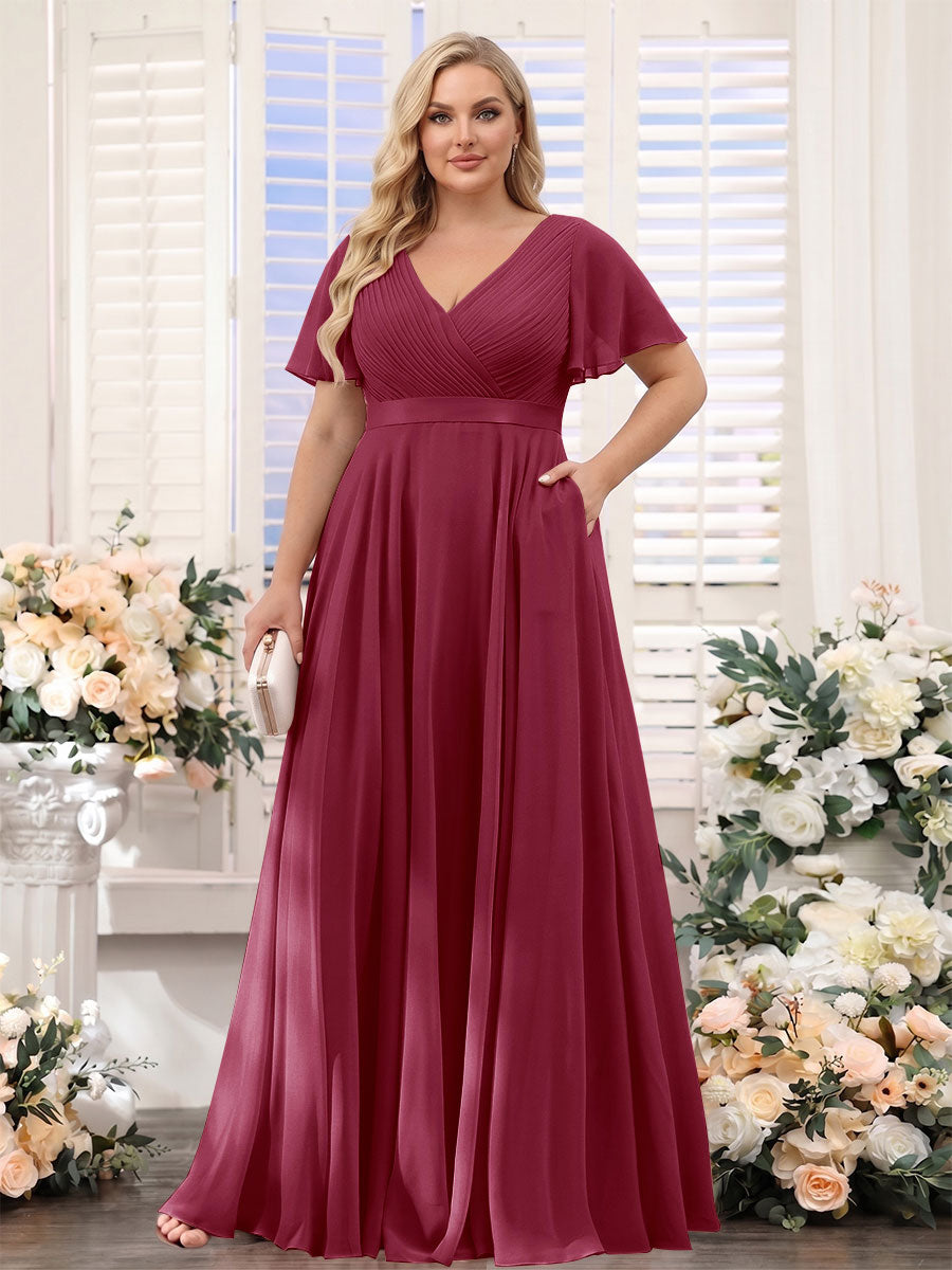 A-Line V-Neck Short Sleeves Chiffon Plus Size Bridesmaid Dresses with Pockets Light Burgundy