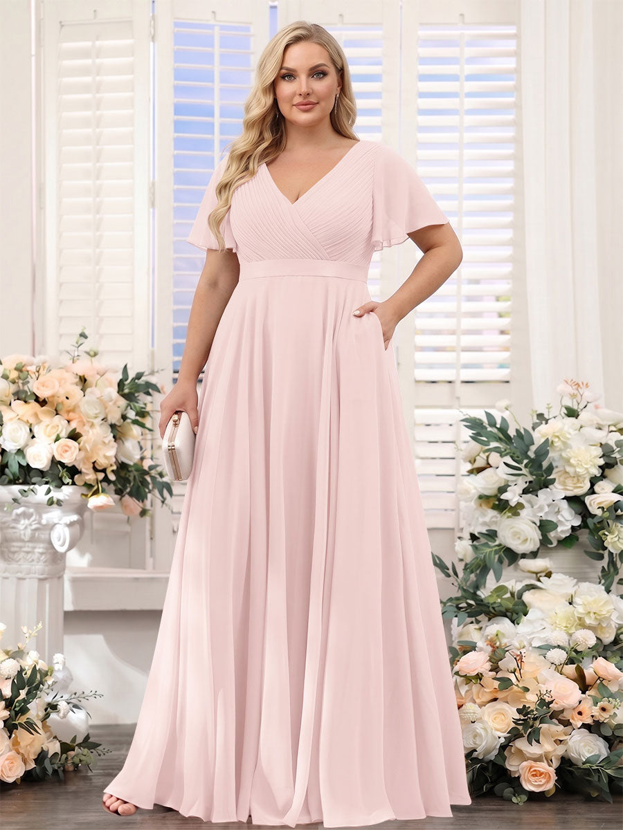 A-Line V-Neck Short Sleeves Chiffon Plus Size Bridesmaid Dresses with Pockets Light Pink
