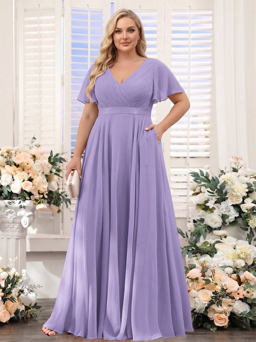 A-Line V-Neck Short Sleeves Chiffon Plus Size Bridesmaid Dresses with Pockets Light Purple