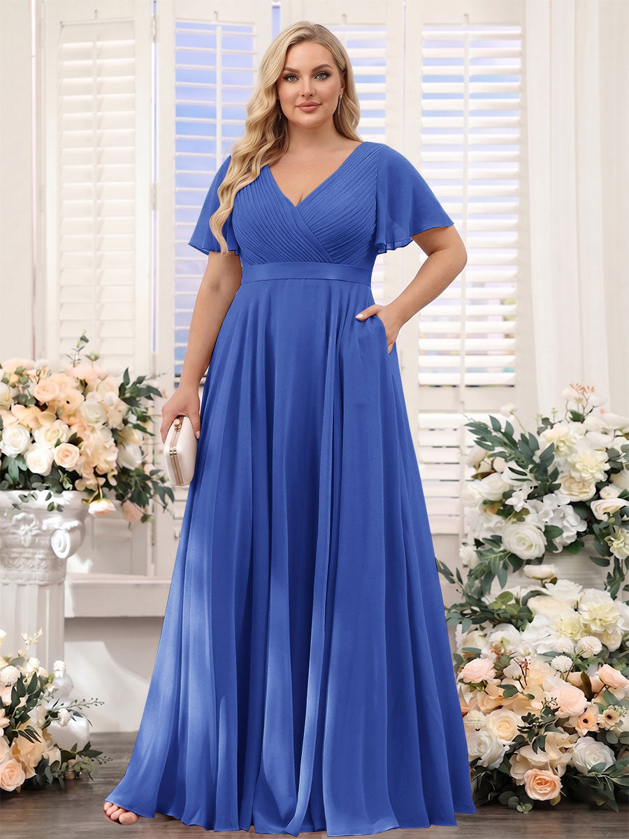 A-Line V-Neck Short Sleeves Chiffon Plus Size Bridesmaid Dresses with Pockets Light Royal Blue