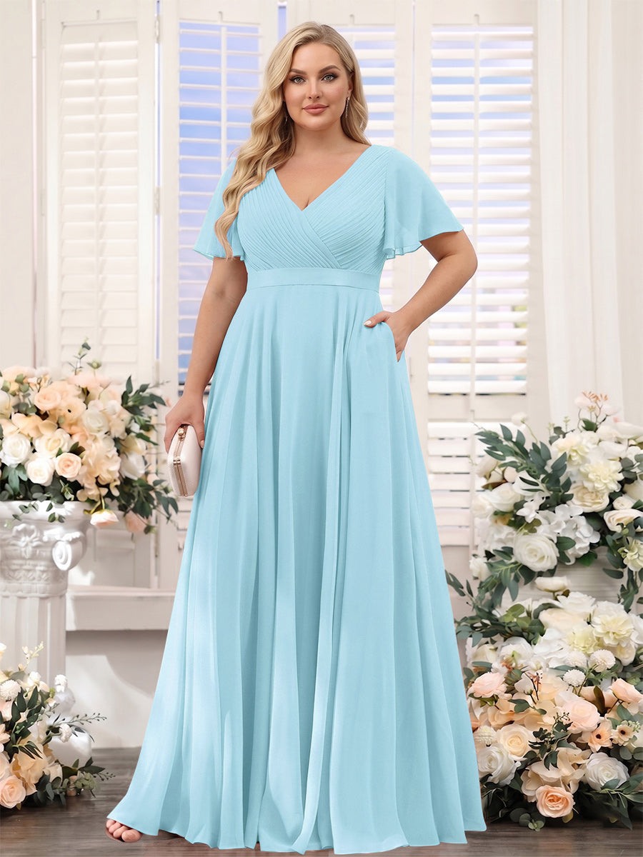 A-Line V-Neck Short Sleeves Chiffon Plus Size Bridesmaid Dresses with Pockets Light Sky Blue