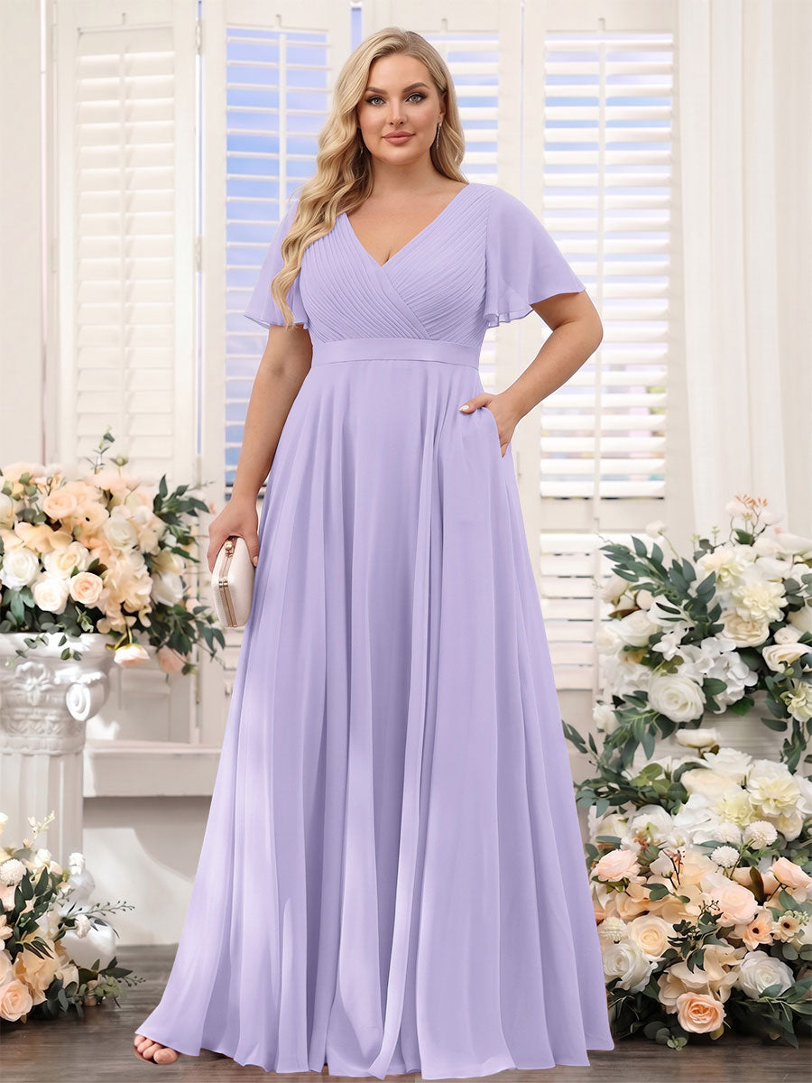 A-Line V-Neck Short Sleeves Chiffon Plus Size Bridesmaid Dresses with Pockets Lilac