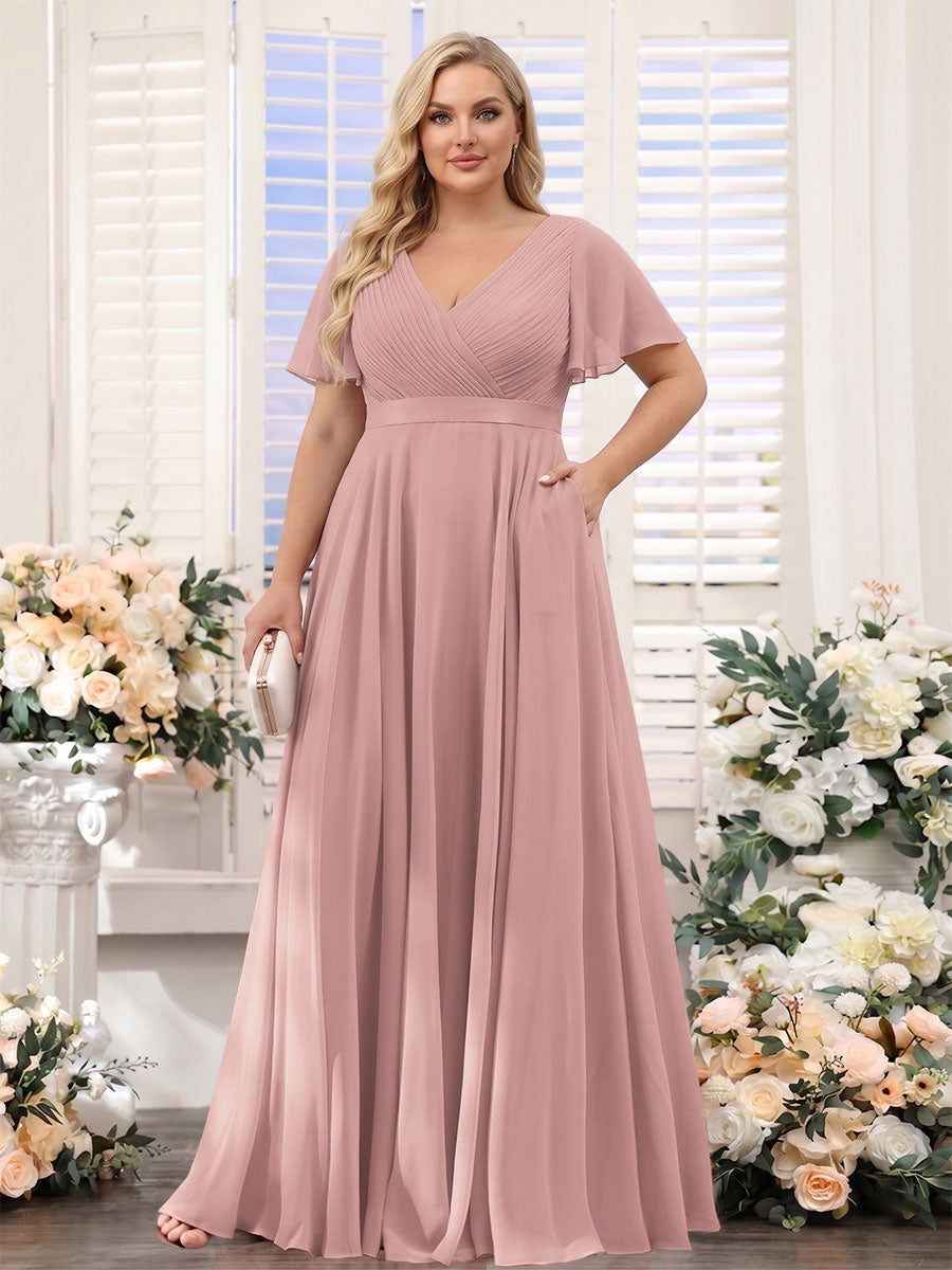 A-Line V-Neck Short Sleeves Chiffon Plus Size Bridesmaid Dresses with Pockets Mauve