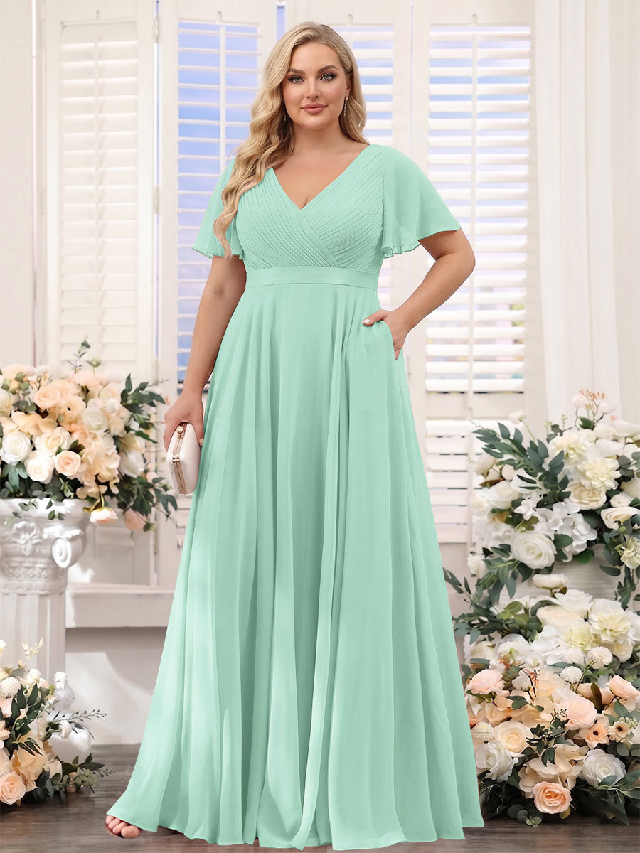 A-Line V-Neck Short Sleeves Chiffon Plus Size Bridesmaid Dresses with Pockets Mint Green