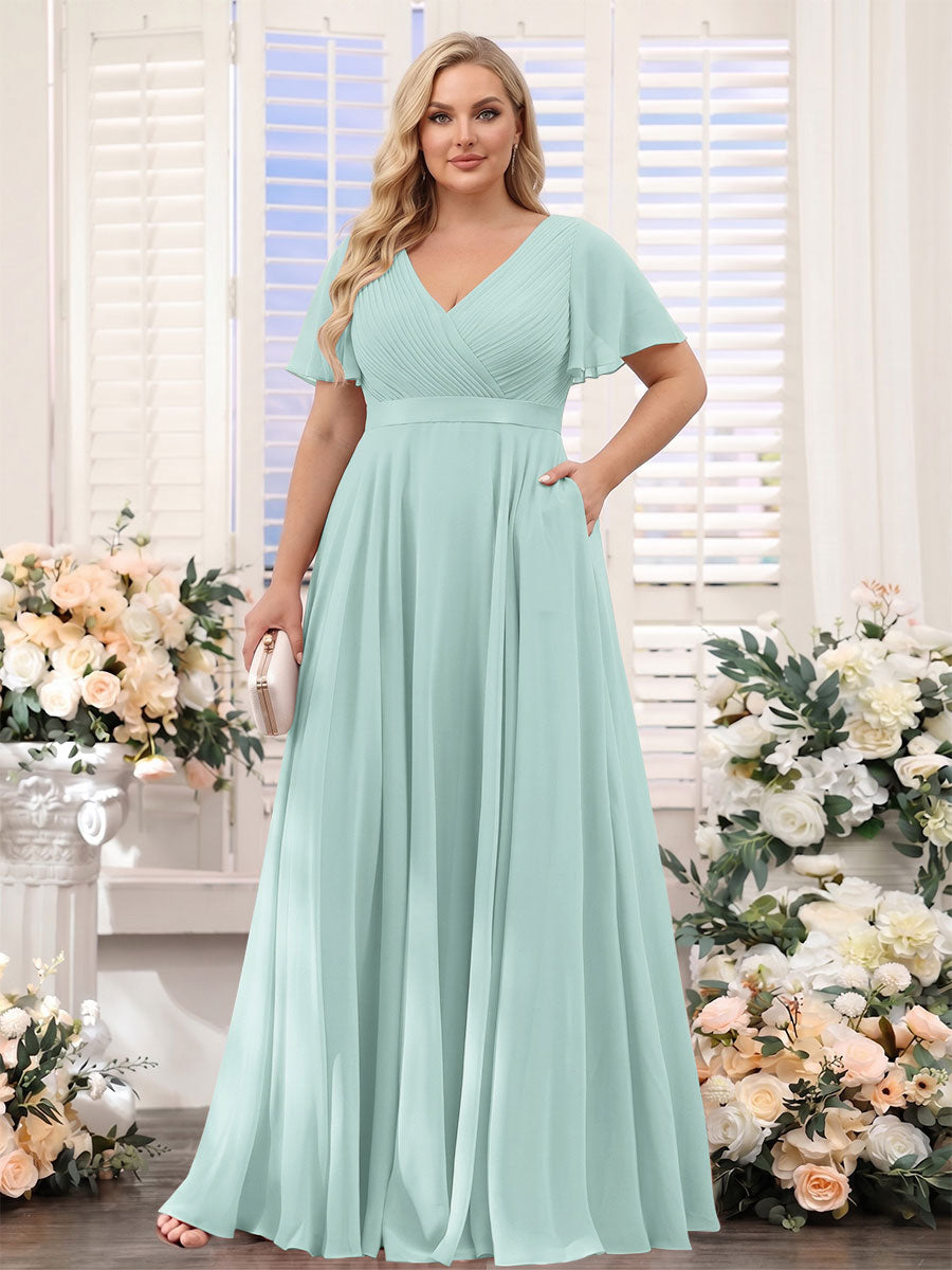 A-Line V-Neck Short Sleeves Chiffon Plus Size Bridesmaid Dresses with Pockets Mist Blue