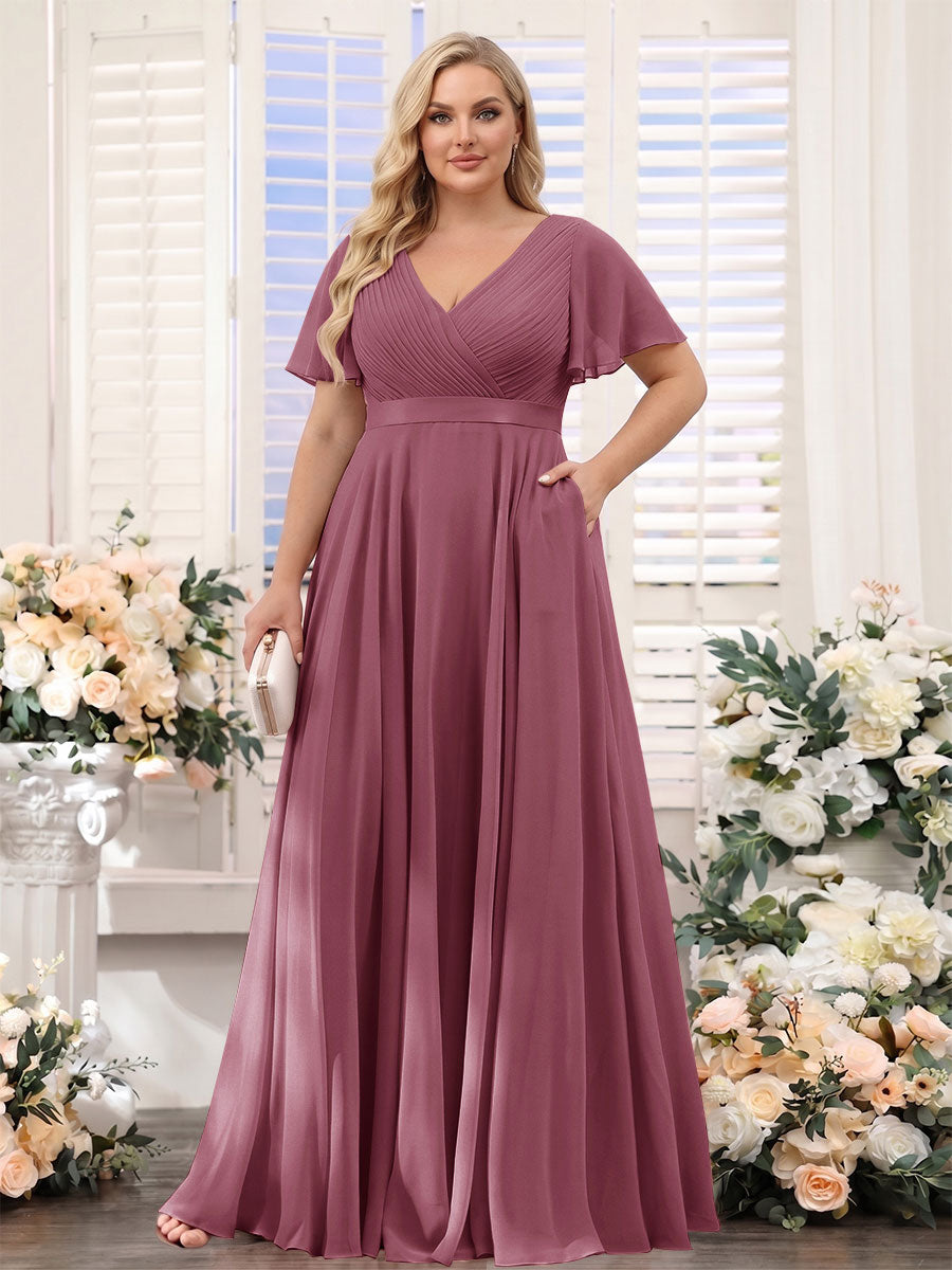 A-Line V-Neck Short Sleeves Chiffon Plus Size Bridesmaid Dresses with Pockets Mulberry
