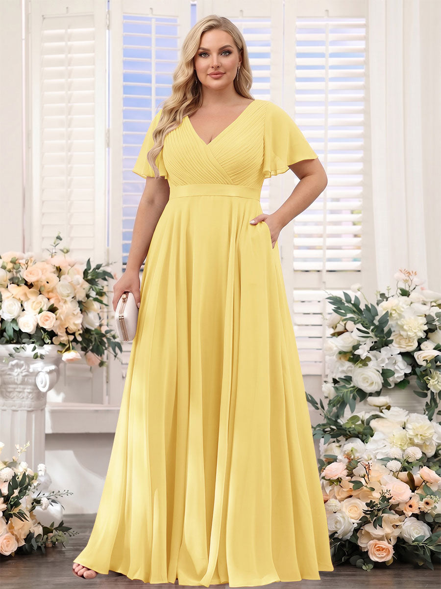 A-Line V-Neck Short Sleeves Chiffon Plus Size Bridesmaid Dresses with Pockets Mustard Yellow