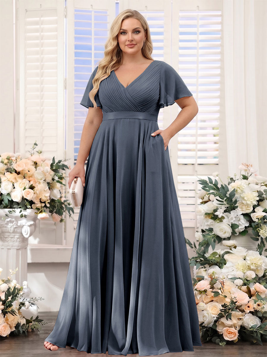 A-Line V-Neck Short Sleeves Chiffon Plus Size Bridesmaid Dresses with Pockets Navy Blue