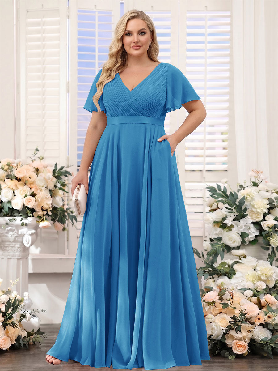 A-Line V-Neck Short Sleeves Chiffon Plus Size Bridesmaid Dresses with Pockets Ocean Blue