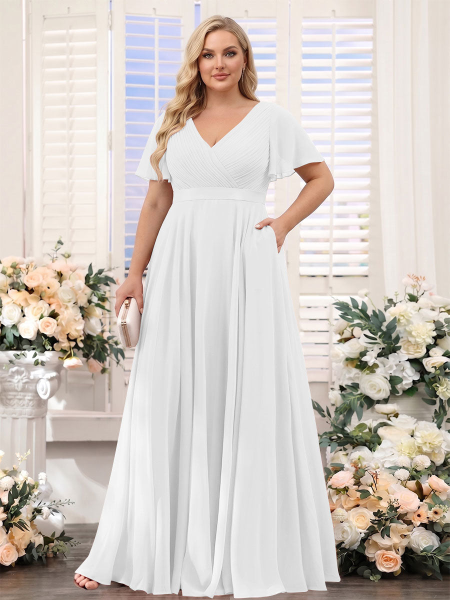 A-Line V-Neck Short Sleeves Chiffon Plus Size Bridesmaid Dresses with Pockets Off White