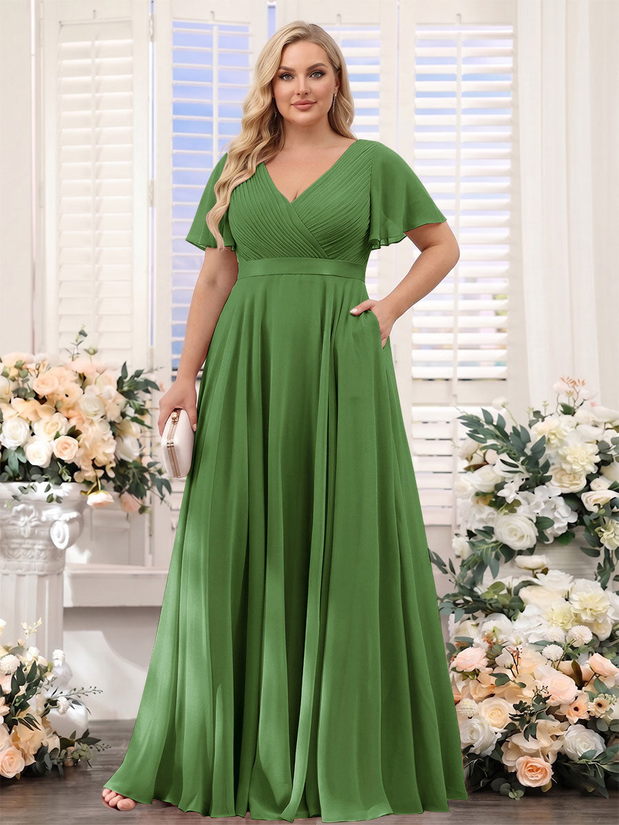 A-Line V-Neck Short Sleeves Chiffon Plus Size Bridesmaid Dresses with Pockets Olive Green