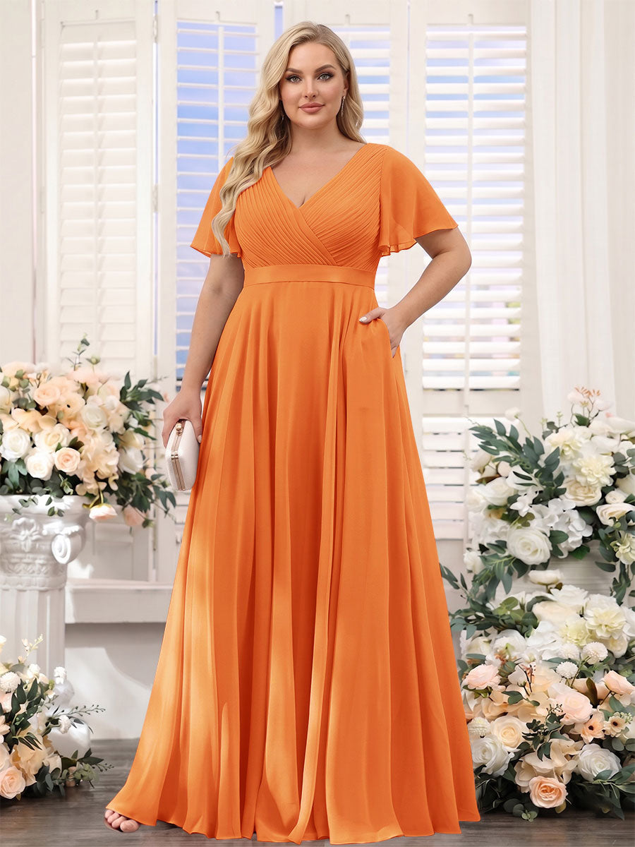 A-Line V-Neck Short Sleeves Chiffon Plus Size Bridesmaid Dresses with Pockets Orange