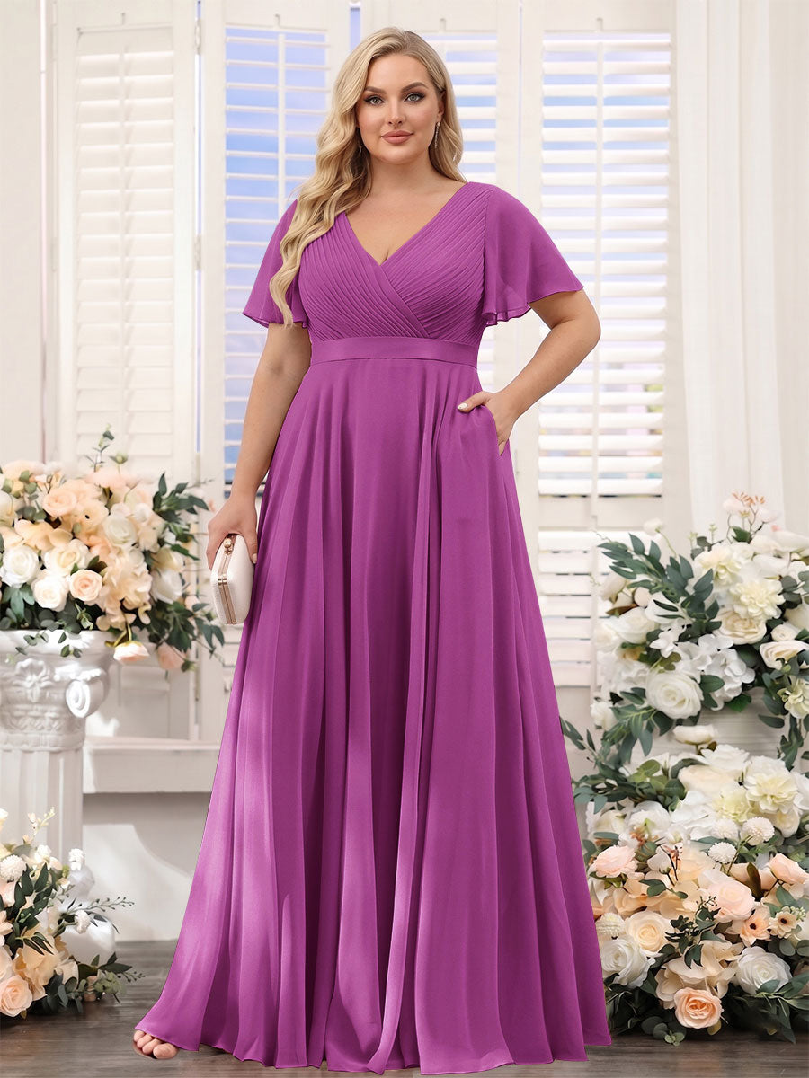 A-Line V-Neck Short Sleeves Chiffon Plus Size Bridesmaid Dresses with Pockets Orchid