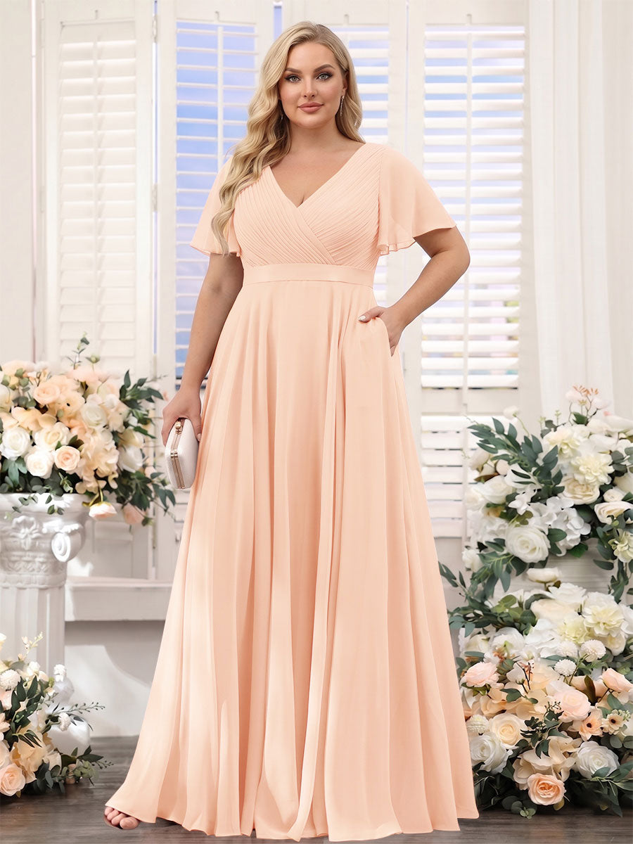 A-Line V-Neck Short Sleeves Chiffon Plus Size Bridesmaid Dresses with Pockets Peach Pink