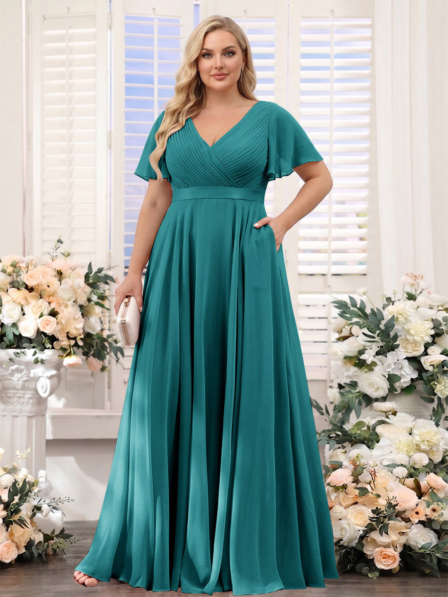 A-Line V-Neck Short Sleeves Chiffon Plus Size Bridesmaid Dresses with Pockets Peacock