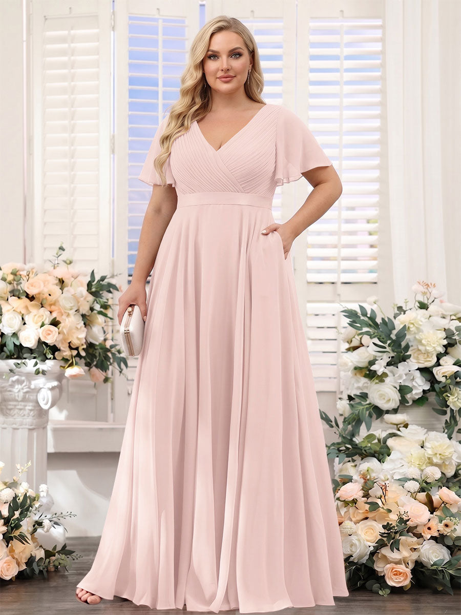 A-Line V-Neck Short Sleeves Chiffon Plus Size Bridesmaid Dresses with Pockets Pearl Pink