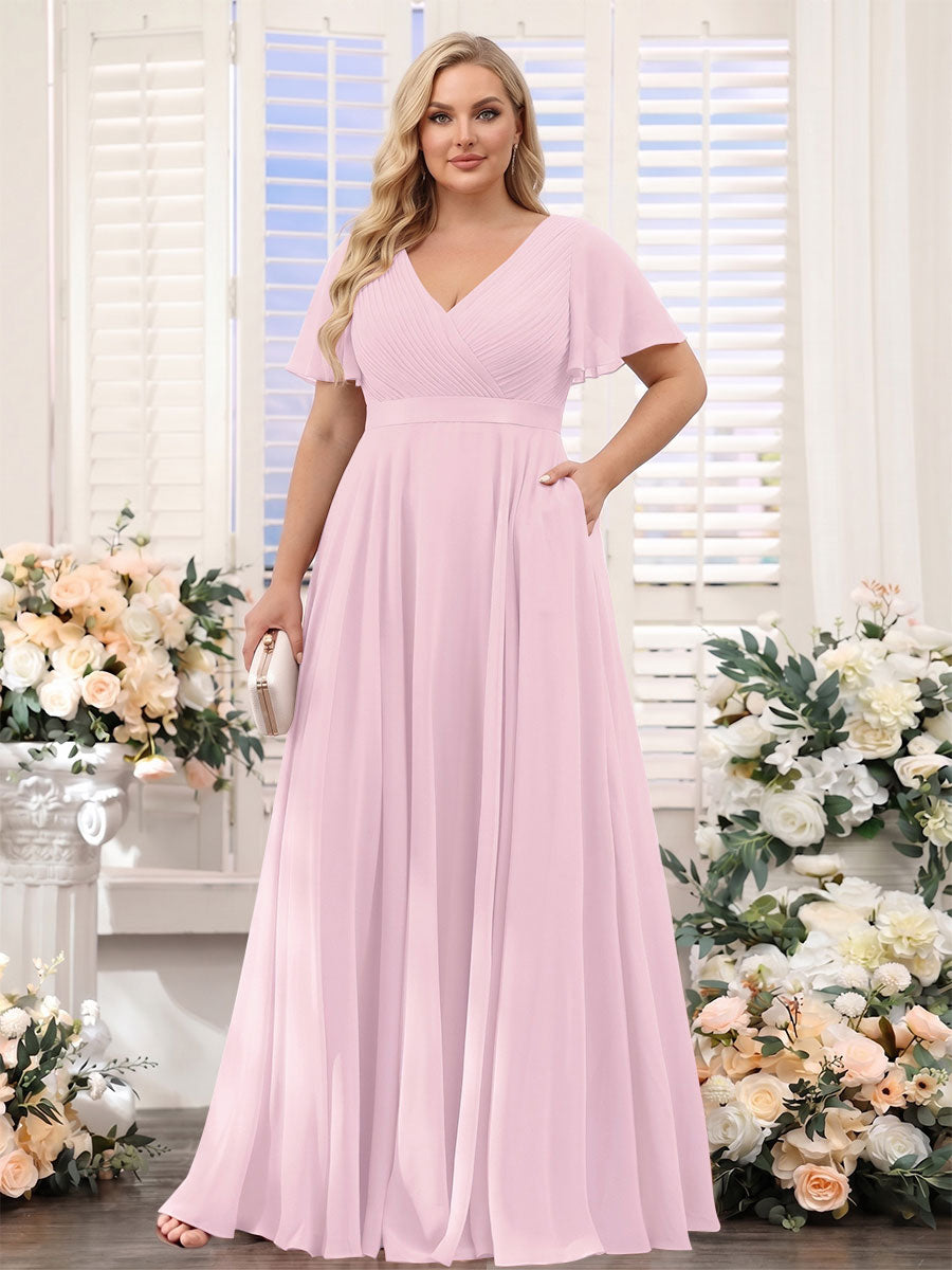 A-Line V-Neck Short Sleeves Chiffon Plus Size Bridesmaid Dresses with Pockets Pink
