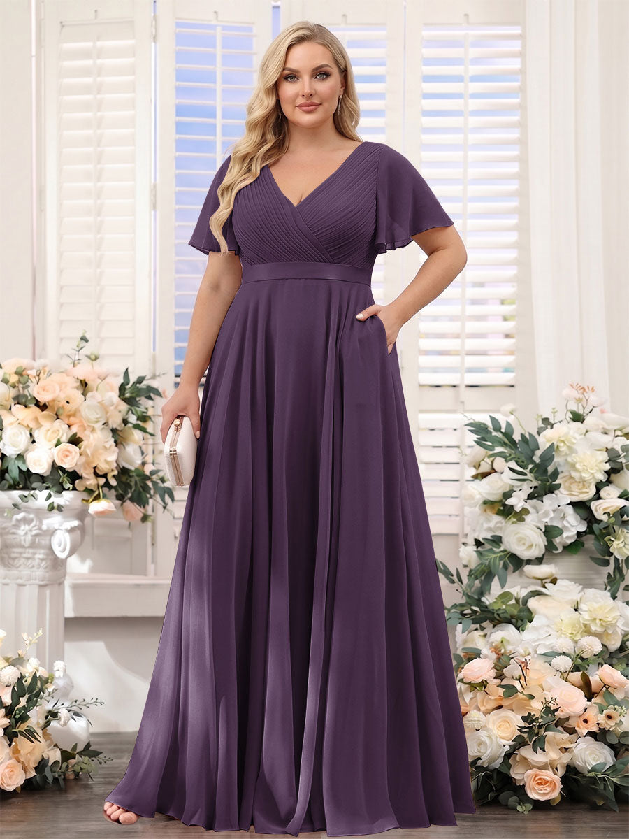 A-Line V-Neck Short Sleeves Chiffon Plus Size Bridesmaid Dresses with Pockets Plum