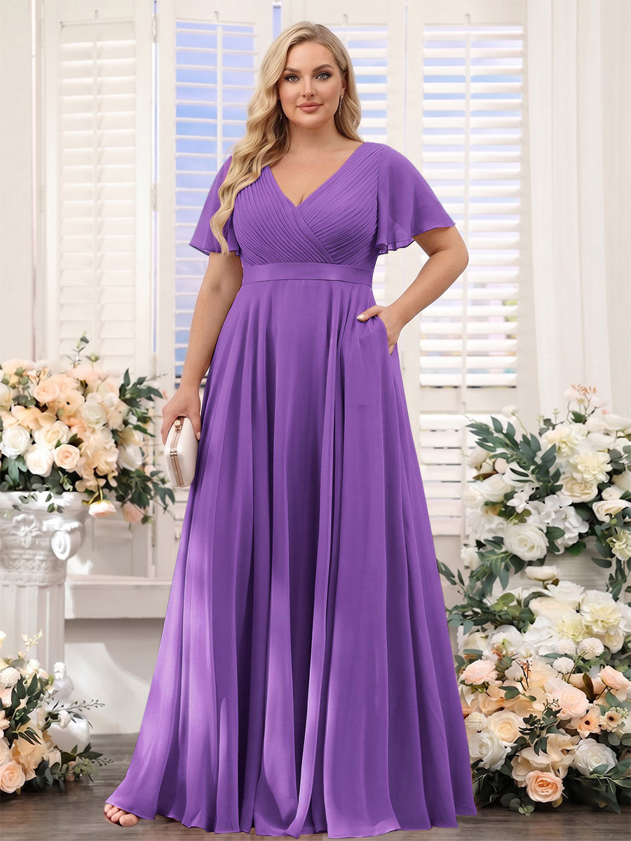 A-Line V-Neck Short Sleeves Chiffon Plus Size Bridesmaid Dresses with Pockets Purple