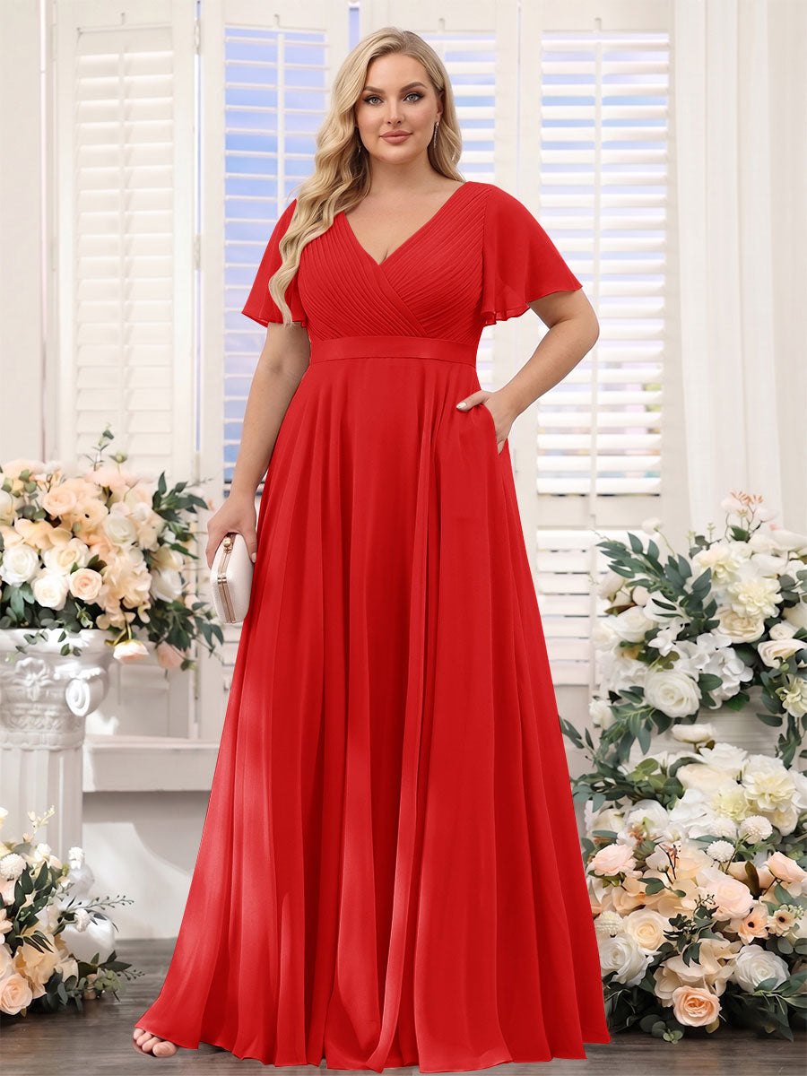 A-Line V-Neck Short Sleeves Chiffon Plus Size Bridesmaid Dresses with Pockets Red