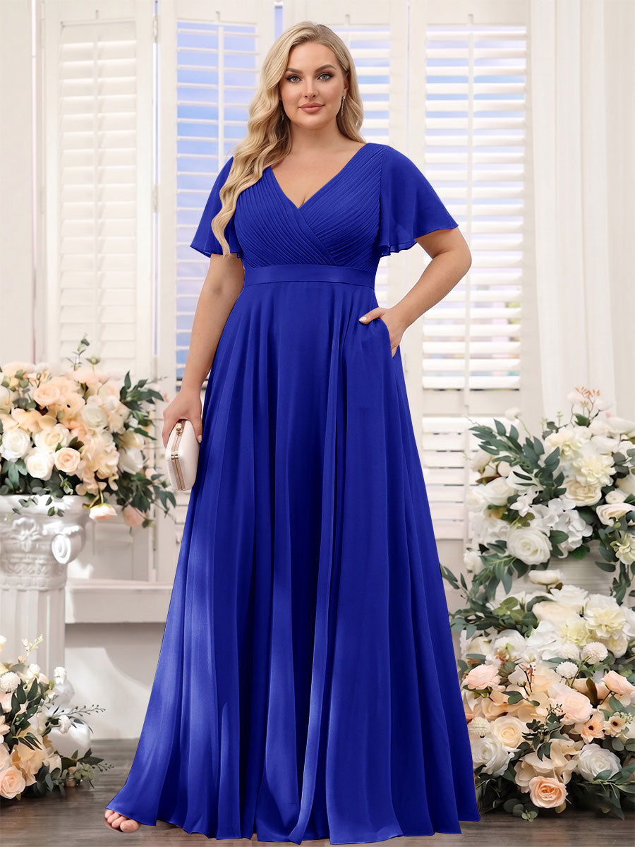 A-Line V-Neck Short Sleeves Chiffon Plus Size Bridesmaid Dresses with Pockets Royal Blue